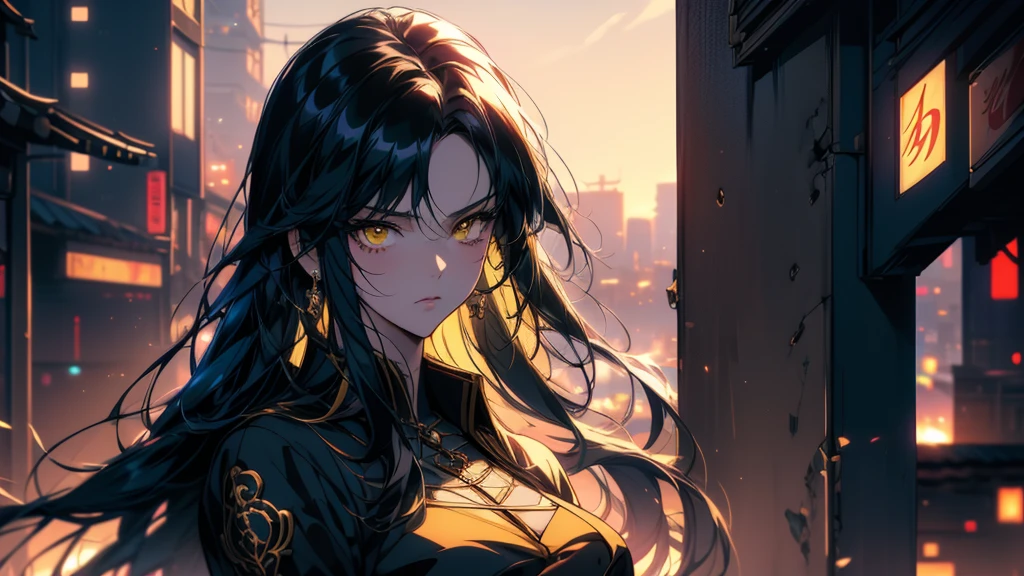 An anime girl with black hair and yellow eyes stands in front of the city., Anime Style 4k, Anime style portrait, Detailed portrait of an anime girl, detailed Digital anime art, Beautiful anime portraits, Stunning Anime Face Portraits, Amazing anime 8k, Anime Girl Portrait, Anime Girl Portrait, Digital anime art, Enchanting anime girl, Anime Girl Portrait, Cyberpunk anime