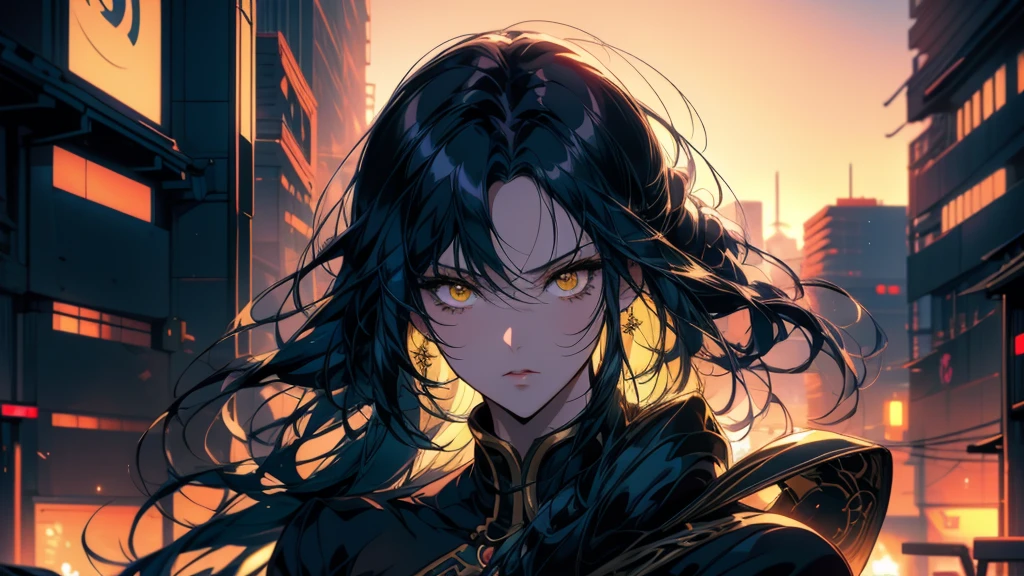 An anime girl with black hair and yellow eyes stands in front of the city., Anime Style 4k, Anime style portrait, Detailed portrait of an anime girl, detailed Digital anime art, Beautiful anime portraits, Stunning Anime Face Portraits, Amazing anime 8k, Anime Girl Portrait, Anime Girl Portrait, Digital anime art, Enchanting anime girl, Anime Girl Portrait, Cyberpunk anime
