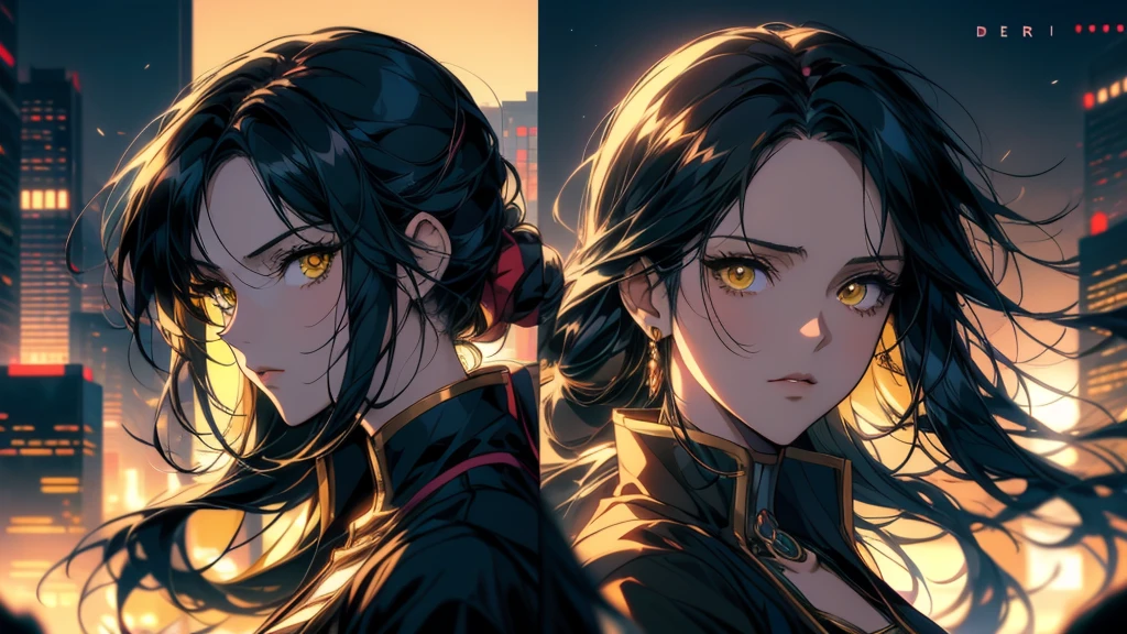 An anime girl with black hair and yellow eyes stands in front of the city., Anime Style 4k, Anime style portrait, Detailed portrait of an anime girl, detailed Digital anime art, Beautiful anime portraits, Stunning Anime Face Portraits, Amazing anime 8k, Anime Girl Portrait, Anime Girl Portrait, Digital anime art, Enchanting anime girl, Anime Girl Portrait, Cyberpunk anime