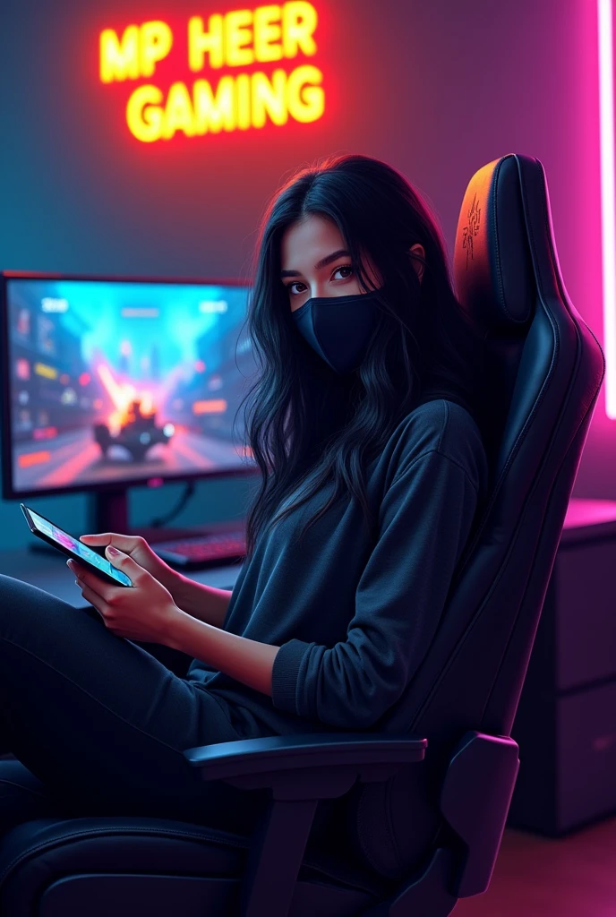 Create a digital illustration of a young woman sitting in a modern gaming setup. The woman has long, wavy dark hair and is wearing a black face mask. She is seated in a professional gaming chair, holding a tablet. The background features a dimly lit room with a neon sign that reads 'MP HEER GAMING' in glowing YELLOW text. The room also has gaming monitors displaying a game, with LED lights adding a colorful glow to the scene. The overall atmosphere should be tech-savvy and cozy, with a straight pose looking at me , women must be highlighted and brighter than background , wide camera view ,4:4 ratio image size