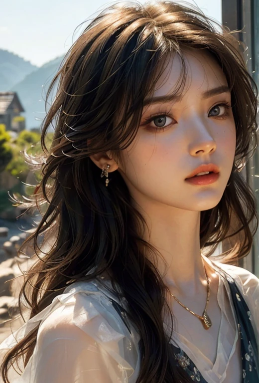 animation style, Dynamic pose, vivid silhouette, A vast outdoor setting with mysterious and beautiful nature., sunny day, natural light, Light and brightness. Shiny, voluminous hair, Blonde_Full head of hair, long hair,Bangs falling over the forehead, (Summer Fashion, detailed details), Simple earrings, ring, necklace_Light reflection, (best quality, 4K, 8k, high resolution, masterpiece: 1.2), (perfect body, golden ratio, Unbelievable Physique, Upper body close-up angle), delicate eyes, Full, closed lips and nose, clear skin, (highly detailed, realistic: 1.37), Cinematic soft lighting, dramatic mood lighting, vivid colors, subtle magic, fragile, cinematic, dramatic, great composition.