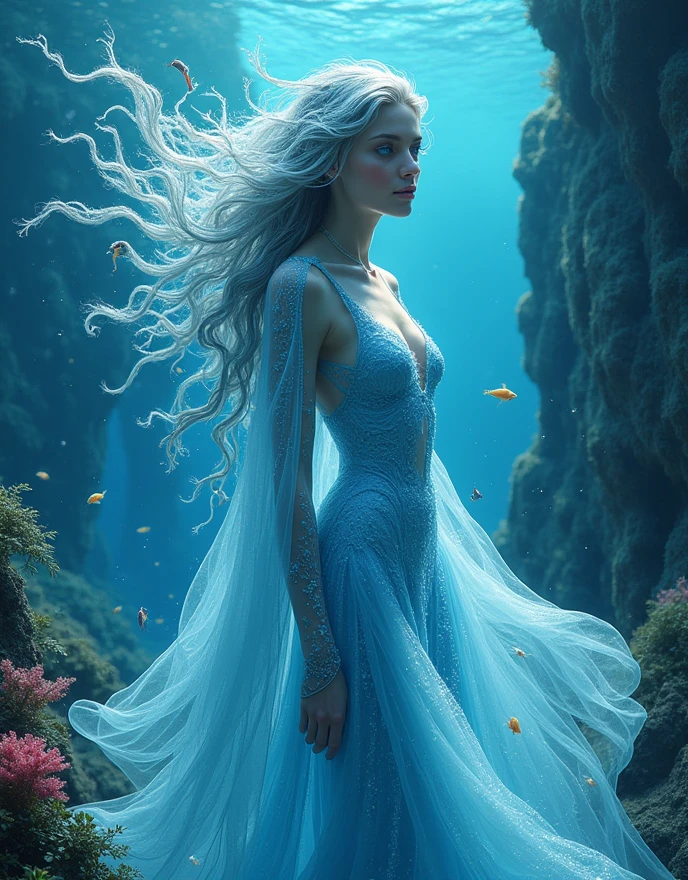 

(Goddess of Water:1.4), (body composed entirely of rich, flowing water elements:1.4), (her form is both fluid and graceful, constantly shifting and shimmering like a crystal-clear river:1.2), (her hair cascades like a waterfall, sparkling with droplets of pure water:1.2), (her eyes are deep pools of serene blue, reflecting the infinite depths of the ocean:1.2), (she wears a gown made of mist and water, flowing around her like gentle waves:1.2), (small aquatic creatures, such as fish and seahorses, swim within her translucent form:1.2), (background features an ethereal underwater landscape with coral reefs, glowing bioluminescent plants, and ancient ruins:1.2), (perfect image quality:1.4), (detailed textures in her water-made body, capturing the fluidity and purity of water:1.2), (the overall image conveys a sense of calm, power, and the eternal flow of water in nature:1.2)
