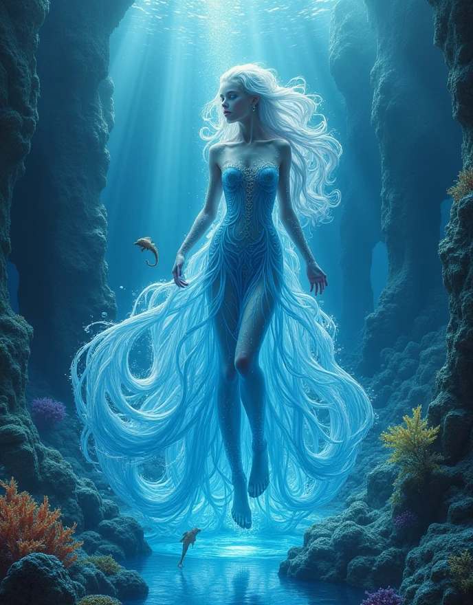 (Goddess of Water:1.4), (body composed entirely of rich, flowing water elements:1.4), (her form is both fluid and graceful, constantly shifting and shimmering like a crystal-clear river:1.2), (her hair cascades like a waterfall, sparkling with droplets of pure water:1.2), (her eyes are deep pools of serene blue, reflecting the infinite depths of the ocean:1.2), (she wears a gown made of mist and water, flowing around her like gentle waves:1.2), (small aquatic creatures, such as fish and seahorses, swim within her translucent form:1.2), (background features an ethereal underwater landscape with coral reefs, glowing bioluminescent plants, and ancient ruins:1.2), (perfect image quality:1.4), (detailed textures in her water-made body, capturing the fluidity and purity of water:1.2), (the overall image conveys a sense of calm, power, and the eternal flow of water in nature:1.2)