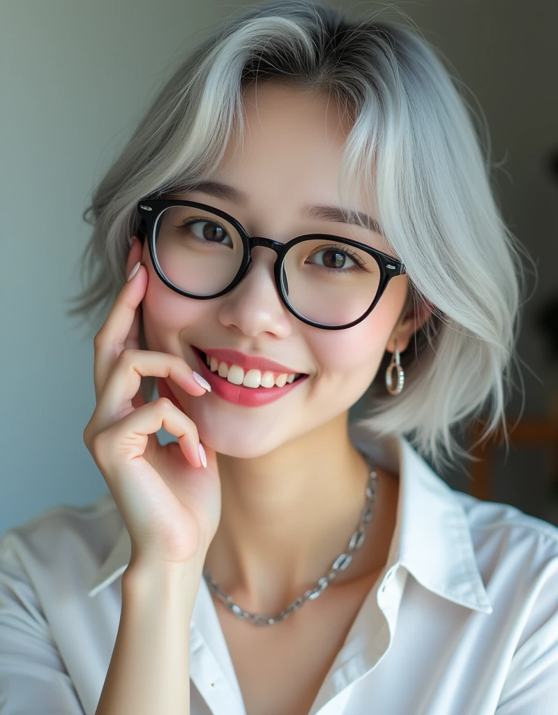 (RAW photo, best quality, masterpiece: 1.2), (photorealistic: 1.4), best lighting, 20 years old, (light gray hair, short bob cut, hair in 7 thirds, hair over one ear, Symmetrical eyes, solo, Detailed Skin, :1.2),Smiling, close-up of face, angled, black-rimmed glasses, pink lipstick, gloss, hand on face, blush, mouth slightly open, collarbone, delicate silver chain necklace, white collared shirt, stylish photo, gel nails