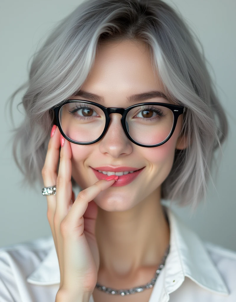 (RAW photo, best quality, masterpiece: 1.2), (photorealistic: 1.4), best lighting, 20 years old, (light gray hair, short bob cut, hair in 7 thirds, hair over one ear, Symmetrical eyes, solo, Detailed Skin, :1.2),Smiling, close-up of face, angled, black-rimmed glasses, pink lipstick, gloss, hand on face, blush, mouth slightly open, collarbone, delicate silver chain necklace, white collared shirt, stylish photo, gel nails