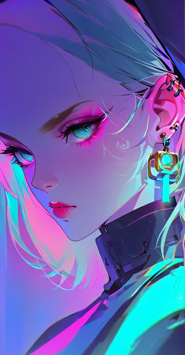 a close up of a person with tattoos, cyberpunk art inspired by Yanjun Cheng, nun, earrings and ear piercing, vibrant colors, saturation ,((color correction:glowing saturation,strong colors,))