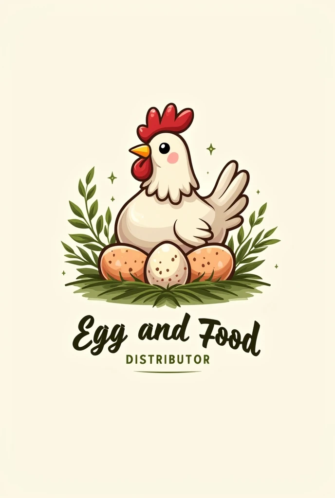 Make a logo with a hen sitting on some eggs and the slogan says "Egg and food distributor" 