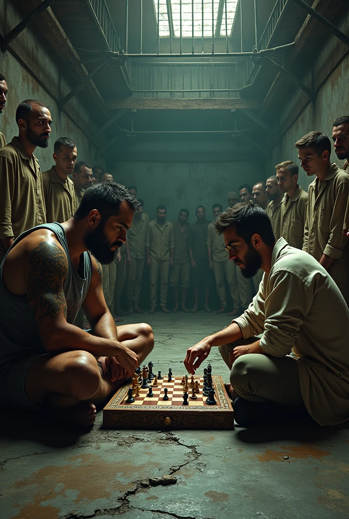 Two inmates playing chess in the middle of a dirty cell and around many criminals watching the game