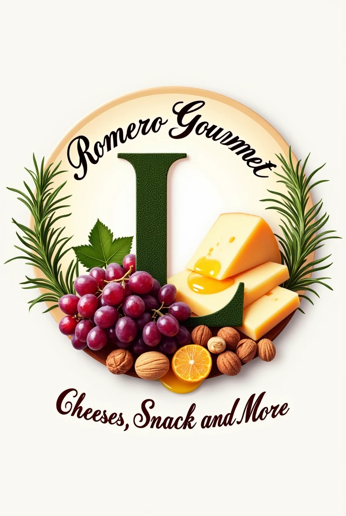 Round logo with the phrase Romero Gourmet at the top and the letter L decorated with grapes inside at the bottom., nuts, sliced cheeses, Honey, rosemary plant and below the slogan cheeses, snack and more