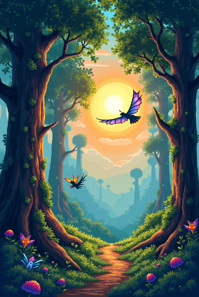 Generate for me a fantasy world landscape wallpaper composed of forests, trees and mythical creatures like monsters and fantasy beings made of pixels.