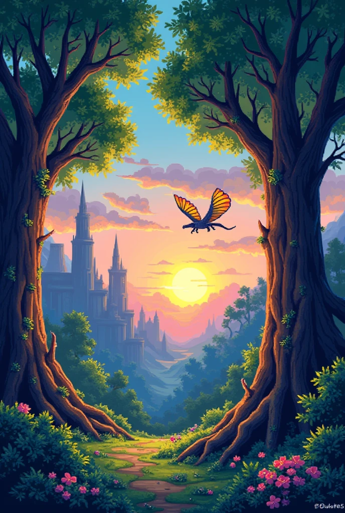 Generate for me a fantasy world landscape wallpaper composed of forests, trees and mythical creatures like monsters and fantasy beings made of pixels.