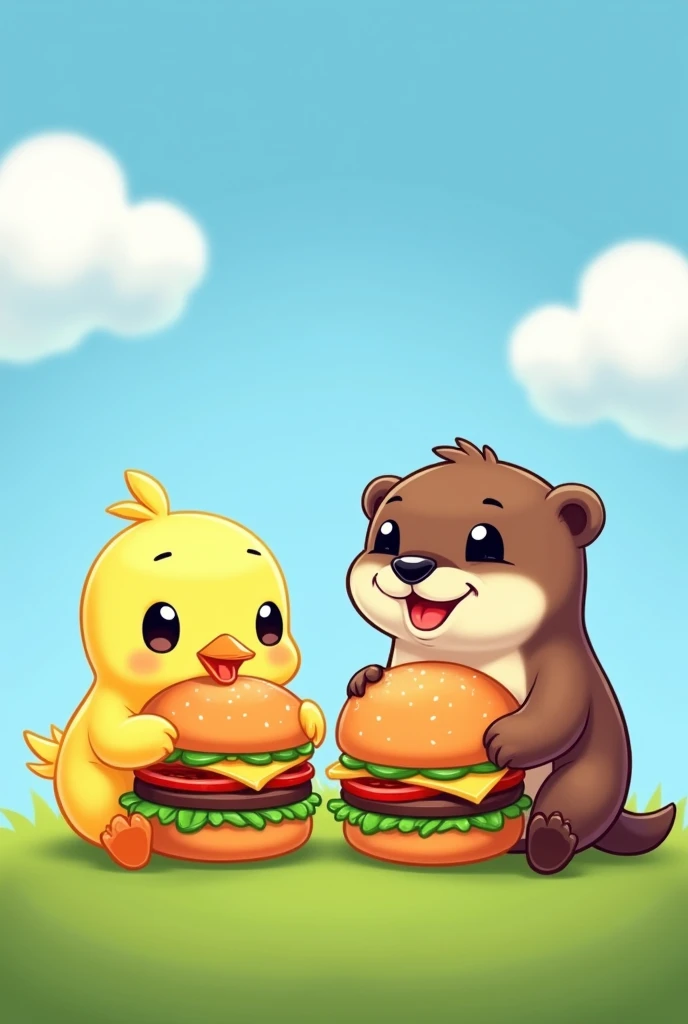 Chick and otter eating hamburgers and drawn as simple emojis