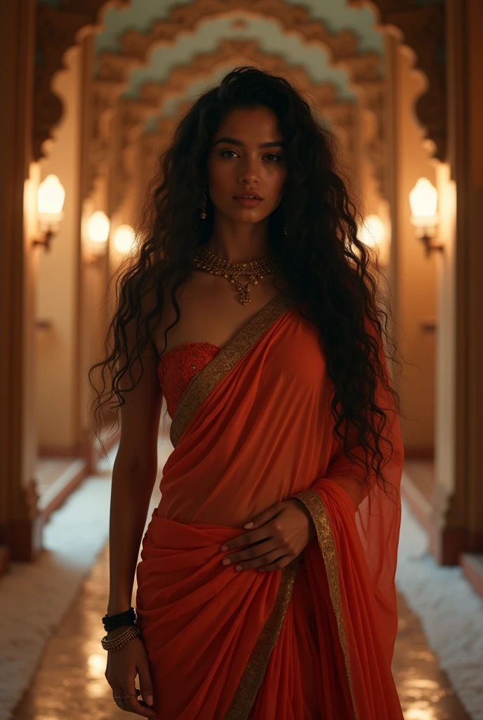 Young Indian woman, on bra open breast and saree, ancient palace, night, detailed body, detailed face, ultra realistic, charming, cute, long curly hair, perfect fingers, ambient lighting, winter, detailed background, 8k, sexy, showing armpits hot figure realistic full details