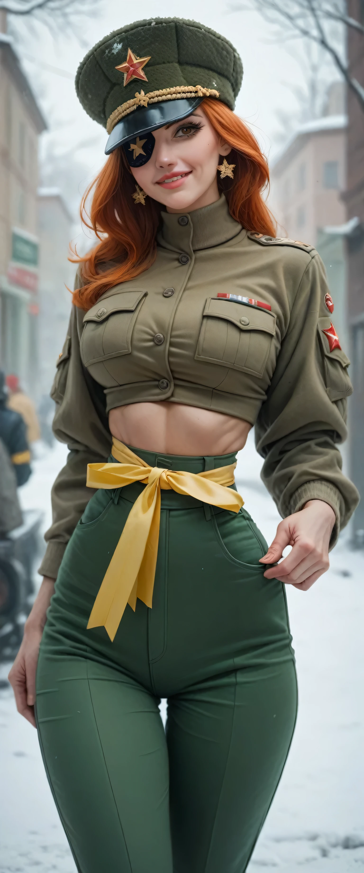 A tall sexy nice friendly big breast happy soviet russian military girl with long smooth red hair her brown eye pink lip wears metallic green top black patch chest waist yellow ribbon and her big metallic green pants thigh sensual big yellow boot wears black soviet winter cap