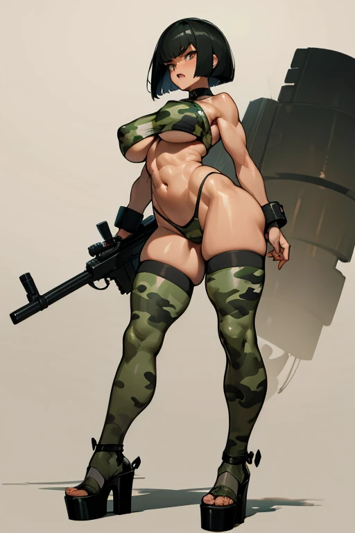 Cuberpunk, thick hips,  thick thighs, platform heels, sling bikini, huge breast, thin waist,  bob cut hair, weapon, tanned skin, gun, angry look, military camouflage, scream, muscle, thick body, tight stockings,