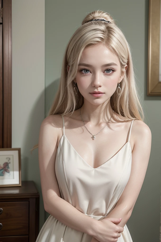 name: Emily Hart
Idade: 27 years
Appearance:
Skin color: clear, with a pale complexion and a slight blush on her cheeks.
eyecolor: light blue, with an intense glow that resembles the sky on a clear day. Your eyes are big and expressive, with long, curled eyelashes.
body hair: platinum blonde, smooth and long, usually tied up in an elegant bun or loose with soft waves.
muka: Oval with delicate features; well-defined eyebrows and a small, straight nose. Your smile is captivating, with white, perfectly aligned teeth.
Height: approximately 1,70 m.
construction: Slender and graceful, with an elegant and confident posture.
Clothing and Style:
outfit: She enjoys sophisticated and modern clothes, often opting for flowing dresses or silk blouses paired with high-waisted trousers. Her preferred colors are pastel and neutral tones.
Accessories: She prefers subtle accessories, like delicate necklaces and small earrings. She usually wears a silver ring that she inherited from her grandmother.
Personalidade:
Characteristics: Emily is kind and intelligent, with an insatiable curiosity and a passion for literature and art. She is known for her empathy and ability to listen to others with genuine attention.
Hobbies: She loves to read classic romance novels, painting and hiking outdoors. She also participates in discussion groups on literature and art.
lifestyle: She works as a curator at an art gallery and lives in a stylish and well-decorated apartment, full of books and artwork.