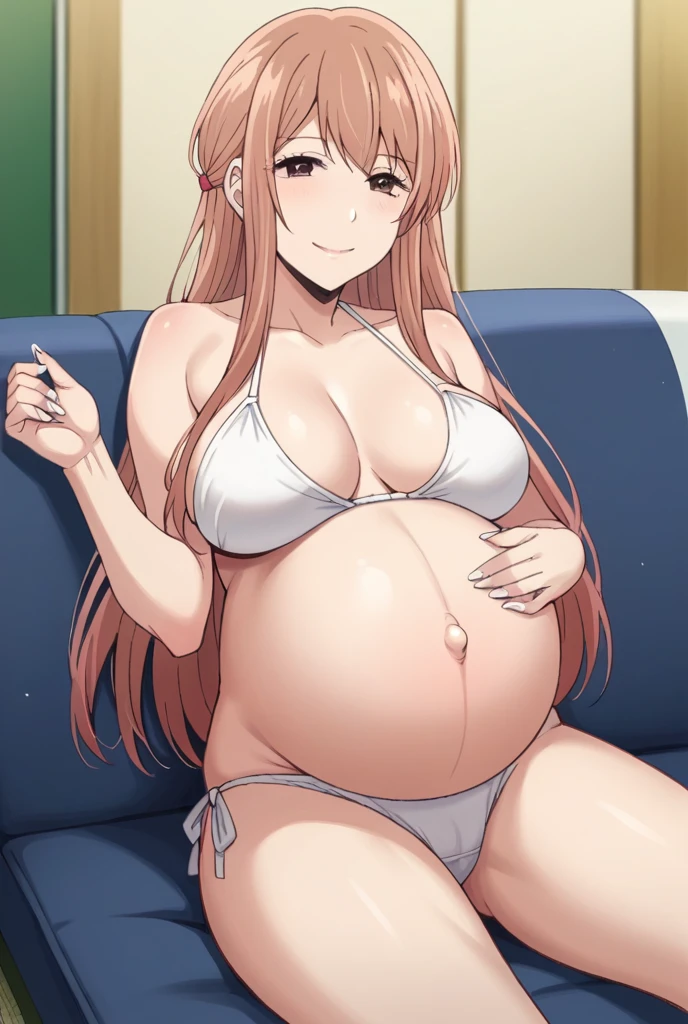 score_9, score_8_up, score_7_up, source_anime,
akaneminagawa, akane minagawa, long hair, bangs, brown hair, brown eyes, Big breasts, bikini, panties, Heels, big belly, indoors, bead, background, rubing belly, smile, happy, White nails
looking at viewer, cowboy shot, solo, pregnant, possing, Lying down, massaging her belly