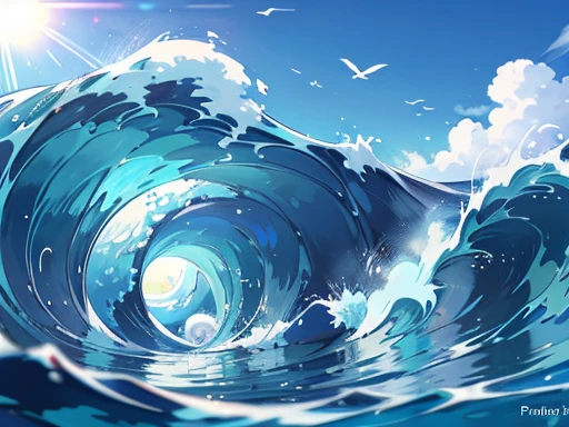 an image of a massive pipeline wave crashing in the ocean, with a deep blue color and foamy white crest. The wave should curl over dramatically, with sunlight reflecting off the water, creating a bright and dynamic scene
