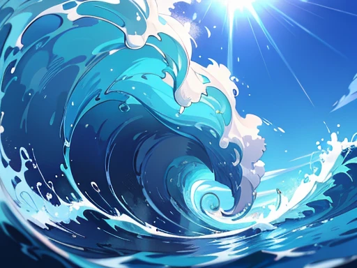 an image of a massive pipeline wave crashing in the ocean, with a deep blue color and foamy white crest. The wave should curl over dramatically, with sunlight reflecting off the water, creating a bright and dynamic scene