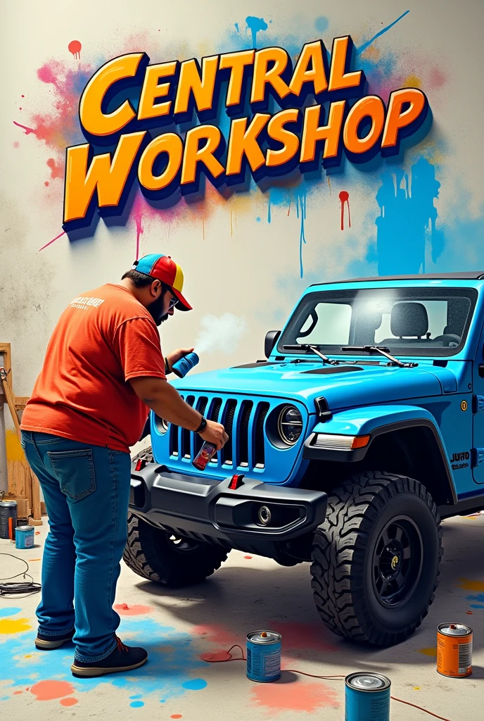 A chubby man in a cap painting a blue Jeep, above the name central office, on the floor several cans of paint, make it as if it were a drawing. Focus on the name 'central workshop' and the painting is done with a spray gun, not a brush.