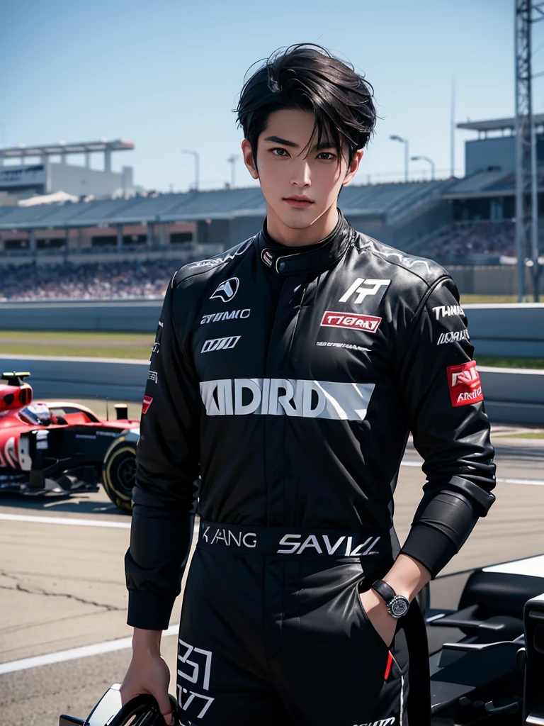 Cinematic Photo of a handsome japanese men 25-30 y.o fashion model, medium black hair. He is doctor. He is a F1 racer.Background F1 racing track！ He put on his F1 suit