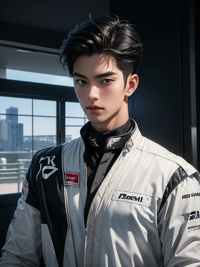 Cinematic Photo of a handsome japanese men 25-30 y.o fashion model, medium black hair. He is doctor. He is a F1 racer.Background F1 racing track! He put on his F1 suit