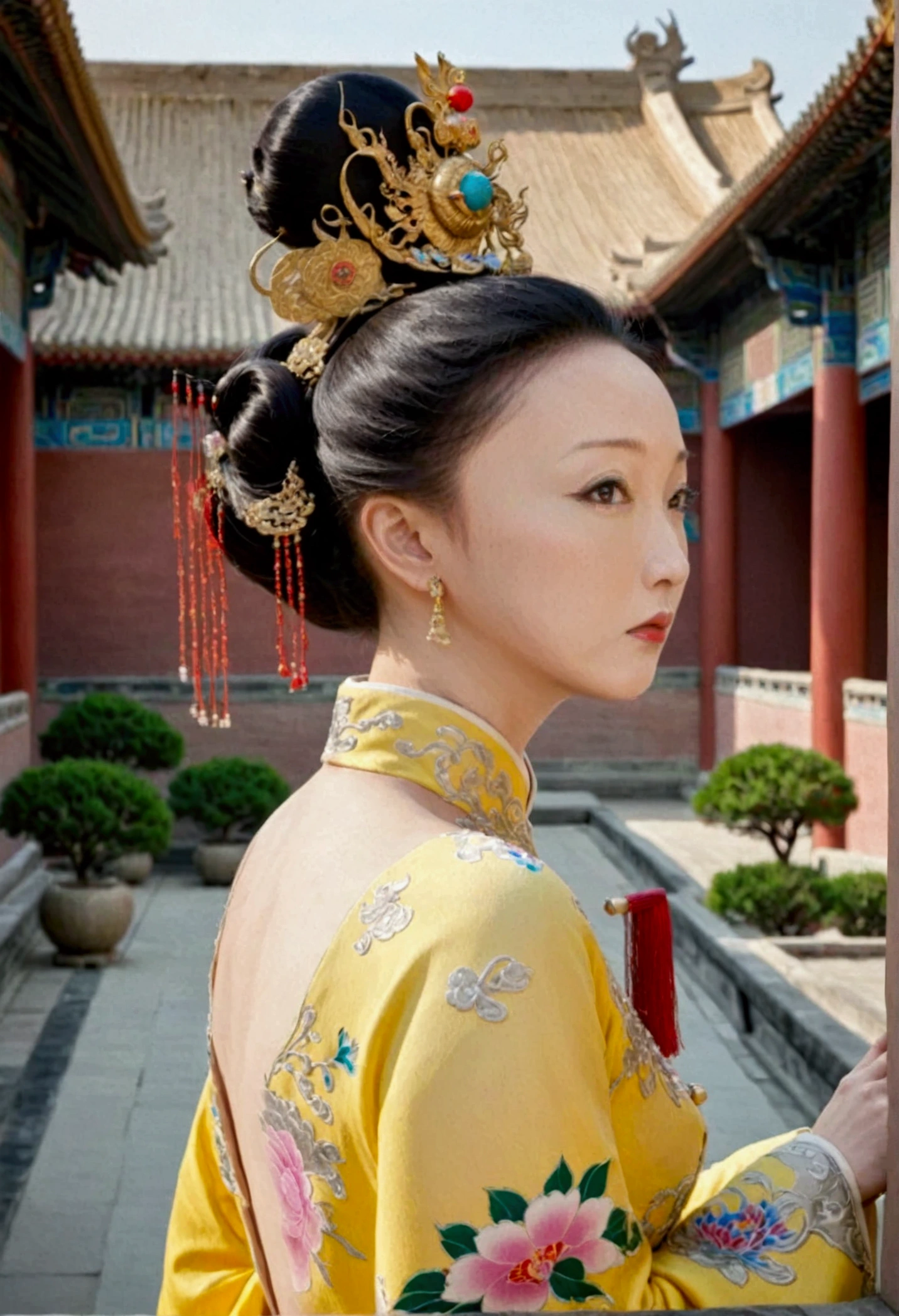 Qing dynasty empress naked and slightly busty, posing on all fours, buttocks protruding from profile, background outside Qing dynasty palace