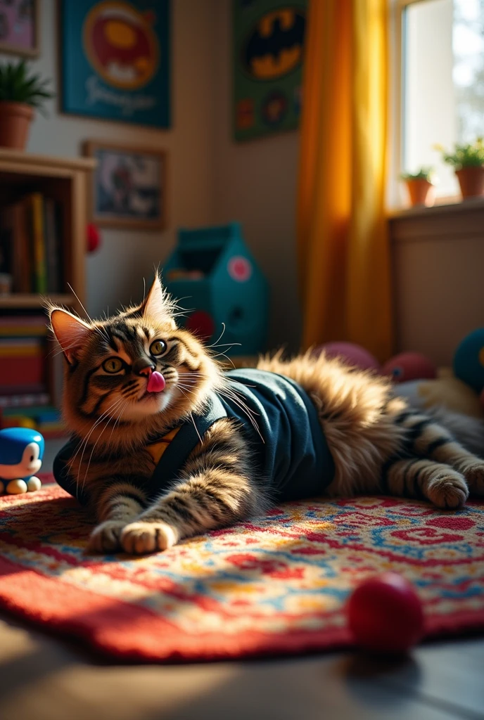 Make me a cat (animal) lying with his tongue stretched out in a batman costume and in a room