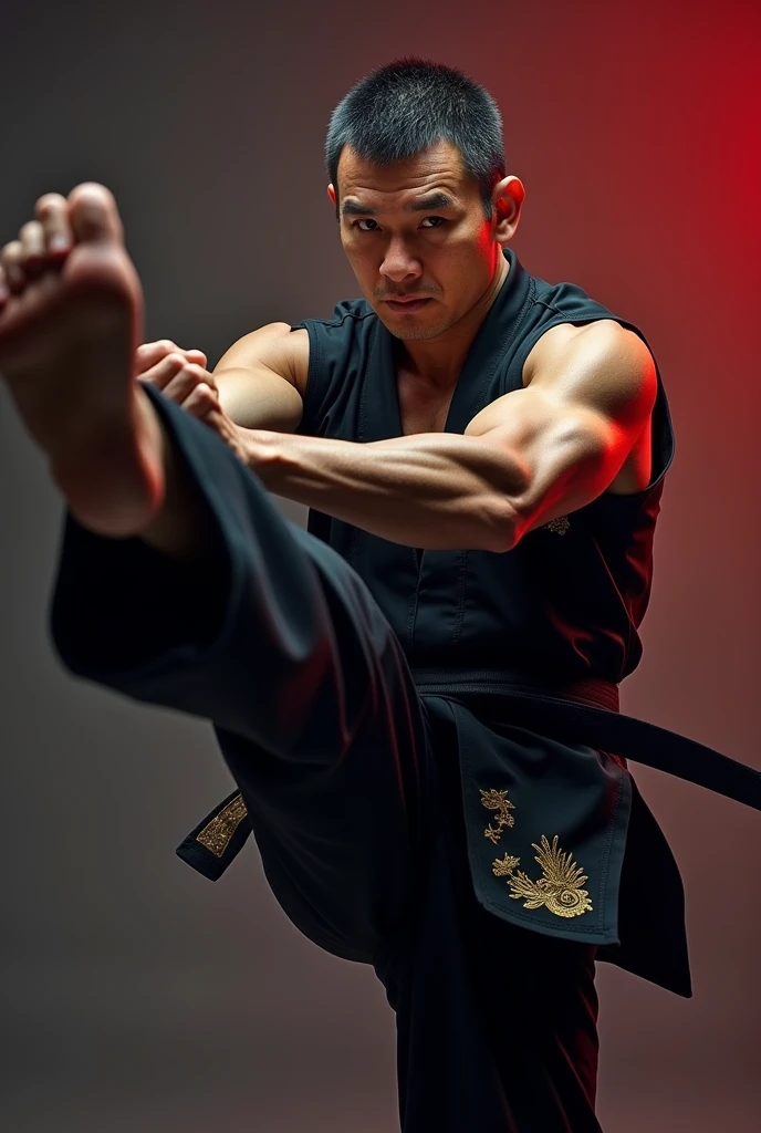 realistic taekwondo fighter, (best quality,4k,8k,highres,masterpiece:1.2),ultra-detailed,(realistic,photorealistic,photo-realistic:1.37),HDR,UHD,studio lighting,ultra-fine painting,sharp focus,physically-based rendering,extreme detail description,professional,vivid colors,bokeh,dynamic action pose,muscular built,intense facial expression,black uniform,taekwondo moves,powerful kick,dynamic motion blur,cinematic lighting,dramatic shadows,saturated colors