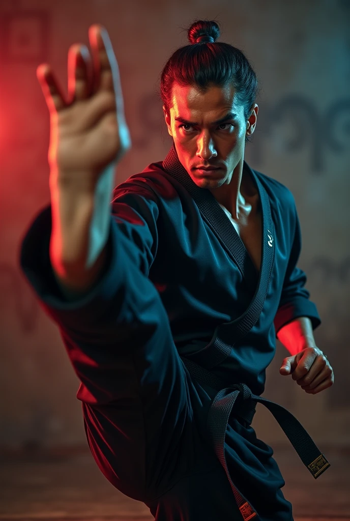 realistic taekwondo fighter, (best quality,4k,8k,highres,masterpiece:1.2),ultra-detailed,(realistic,photorealistic,photo-realistic:1.37),HDR,UHD,studio lighting,ultra-fine painting,sharp focus,physically-based rendering,extreme detail description,professional,vivid colors,bokeh,dynamic action pose,muscular built,intense facial expression,black uniform,taekwondo moves,powerful kick,dynamic motion blur,cinematic lighting,dramatic shadows,saturated colors
