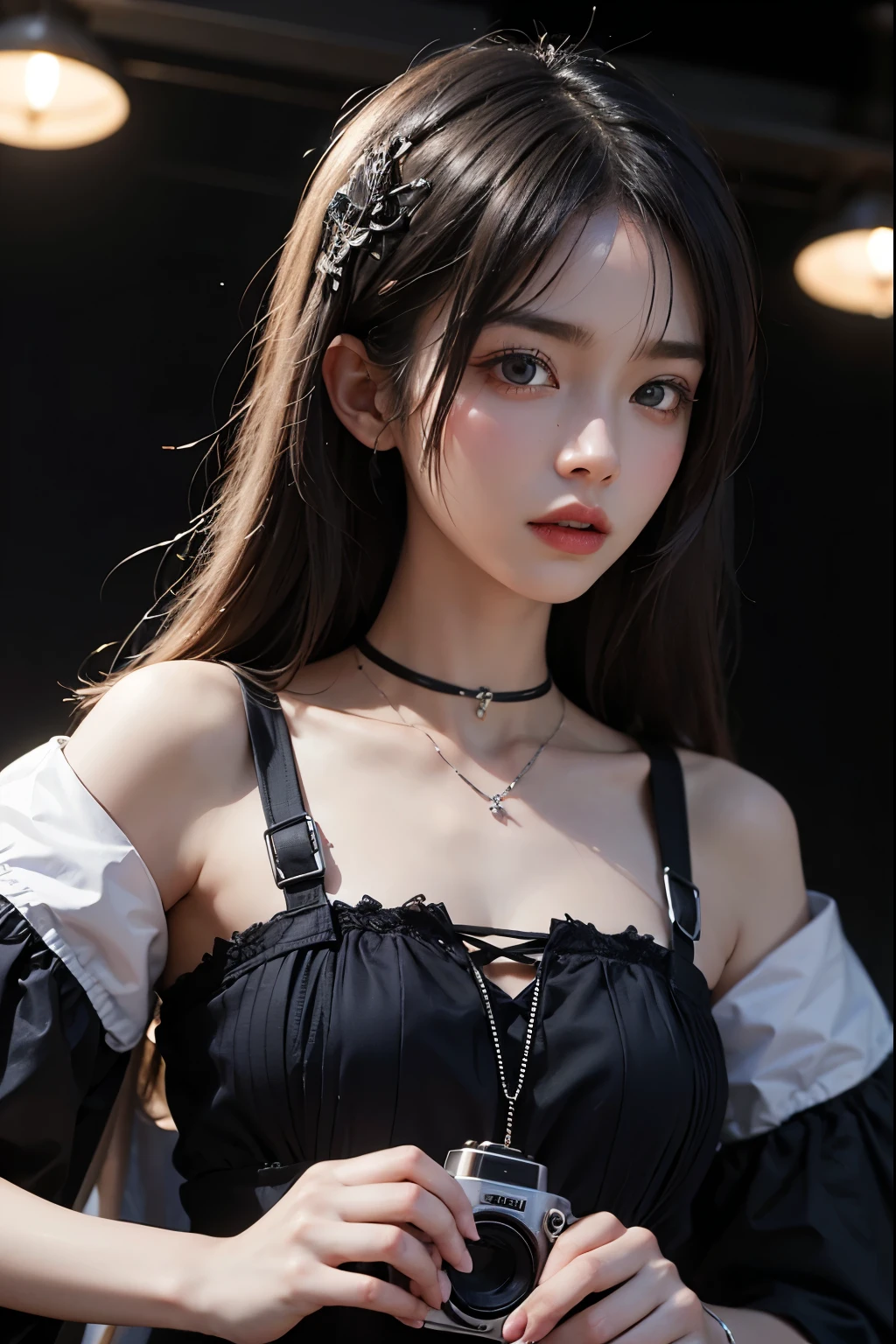 Highest quality、32K、masterpiece:1.3、Gothic punk、The inner color is pale pink,Gray Black Hair、hair ornaments,beautiful girl、creative、Punk Shirt、Neogoth、Goth Fashion:1.2、High resolution、masterpiece、Highest quality、頭w:1.3、((Hasselblad Photos))、Fine skin,Sharp focus,(Cinema Lighting),Explore Tokyo'The city at night beyond the neon lights, Forehead open,、Petting'Hair back,Shoulder Bare,Small red rose tattoo on the décolletage,Just one tattoo,Ultra-precise, high pixel photo-quality images,(((Flat Chest))),Beautiful nipples,Are thin,Kpop super beautiful girl dancer idol singer,
