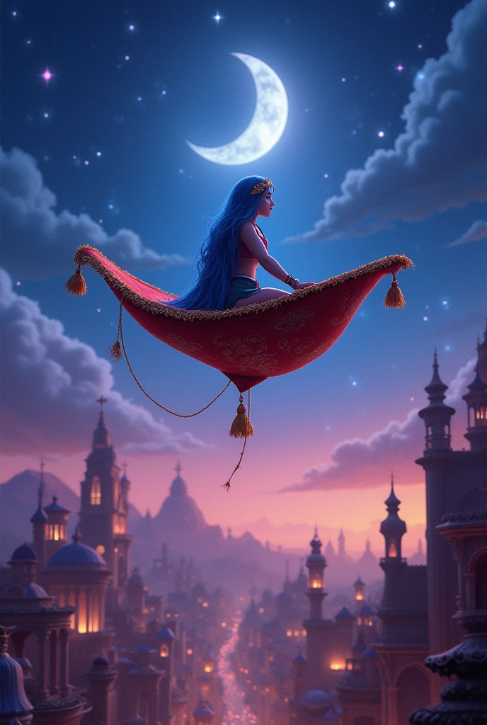 The magic carpet from Aladdin. It flies over the city of Agrabah, carrying Aladdin, who lives a poor life in the desert kingdom of Agrabah. He earns his living secretly, but yearns for his late mother and tries to one day become a man who will not be ashamed of her. By chance, he becomes the master of the lamp nymph Jeannie. The jolly lamp nymph Jeanie serves Aladdin, who becomes her master and tries to fulfil his ‘three wishes’. His big eyes should be wide open, reflecting the surreal world of the desert kingdom of Agrabah. Genie, the jolly lamp fairy, Aladdin and the Wizard. The lighting is soft yet dramatic, and the suitors, who are only pretentious, are affectionate and crave freedom. The modern woman is intelligent, strong and sometimes uses her own beauty as a weapon. The colour palette is a mix of soft pastels and dark, introspective tones, creating a balance between innocence and her complex thoughts.