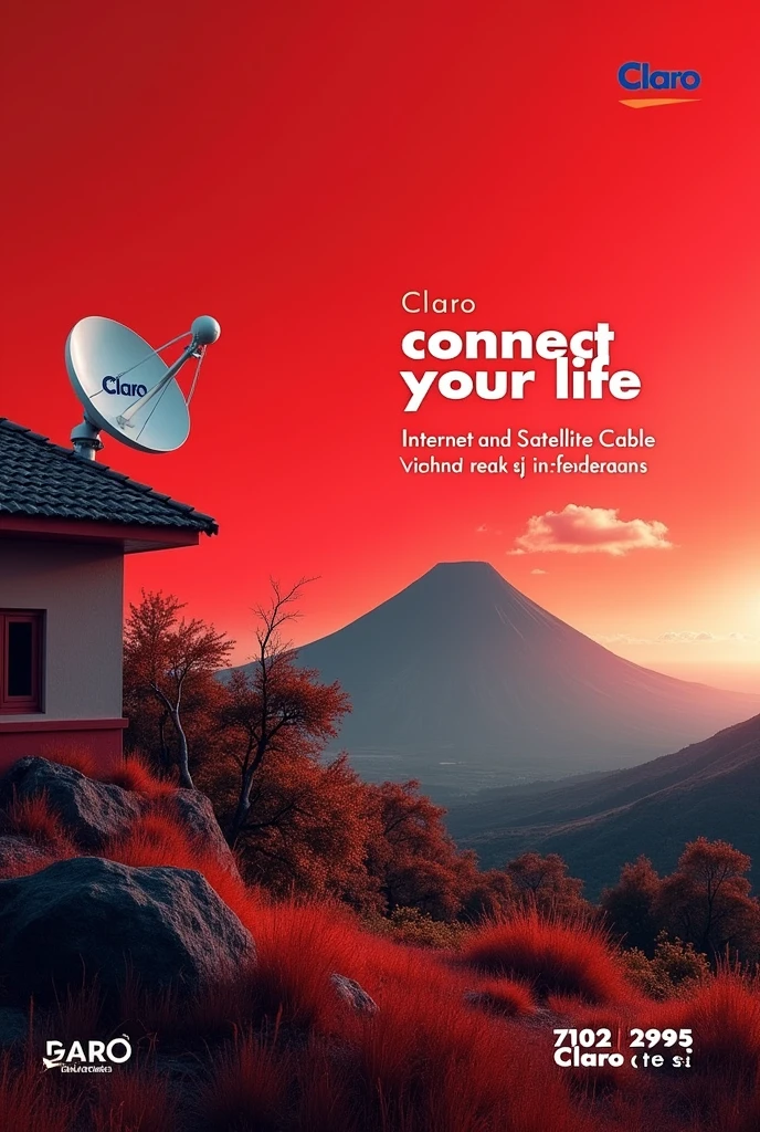 Image for an advertisement of home satellite antennas, with red colors, black and white with a landscape background with volcanoes and the antenna being red, that the antenna is placed on a house and that the antenna contains the letters Claro and that the letters of Claro are white, that the landscape contains its own colors of nature, that the house is placed on the left side and on the right has an inscription that says: Claro connect your life Internet and Satellite Cable within reach of all Salvadorans and below all that contains the number 7902 2995 and at the end of everything it says Claro que si.