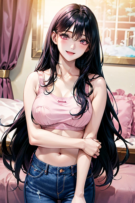 Very detailed、highest quality、Best image quality、masterpiece、8k、Anime Face、A kind smile、Open Mouth、((black long hair:1.5))、huge breast, sexy、 beautiful body 、Cowboy Shot, Sexual Intercourse, ((pink eyes)), hotel bedroom, ((( Jeans))), ((((white bra))))