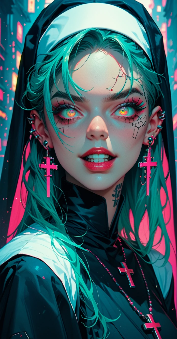 a close up of a person with tattoos ,nun, cyberpunk art inspired by Yanjun Cheng, nun, earrings and ear piercing, vibrant colors, saturation ,look at spectator, crazy face pose