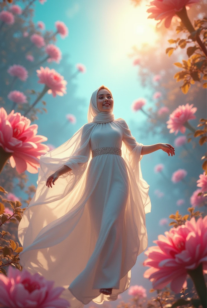 surreal fantasy photo:1.4, (vibrant:1.2), (whimsical:1.2), (dreamlike:1.2), high saturation, bright colors, ethereal lighting, dynamic movement, wide-angle, imaginative, otherworldly, colorful flora, flowing fabric, 24mm lens, f/4, fantastical, enchanting, a woman in a white hijab and in a flowing white dress in a vibrant, fantasy-like environment