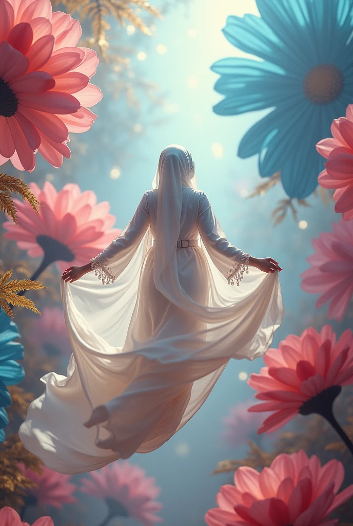 surreal fantasy photo:1.4, (vibrant:1.2), (whimsical:1.2), (dreamlike:1.2), high saturation, bright colors, ethereal lighting, dynamic movement, wide-angle, imaginative, otherworldly, colorful flora, flowing fabric, 24mm lens, f/4, fantastical, enchanting, a woman in a white hijab and in a flowing white dress in a vibrant, fantasy-like environment