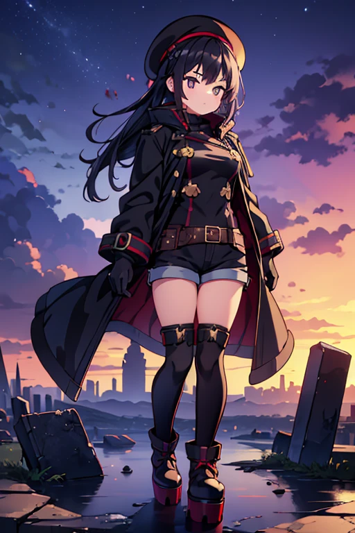 best quality,Ruined city,submerged city,girl,15 year old,black hair,middle hair,pony tail,amber eyes,medium breasts,duffel coat,short shorts, kneehighs, platform boots,beret,gloves, full body,looking away, from above, twilight sky,apocalypse