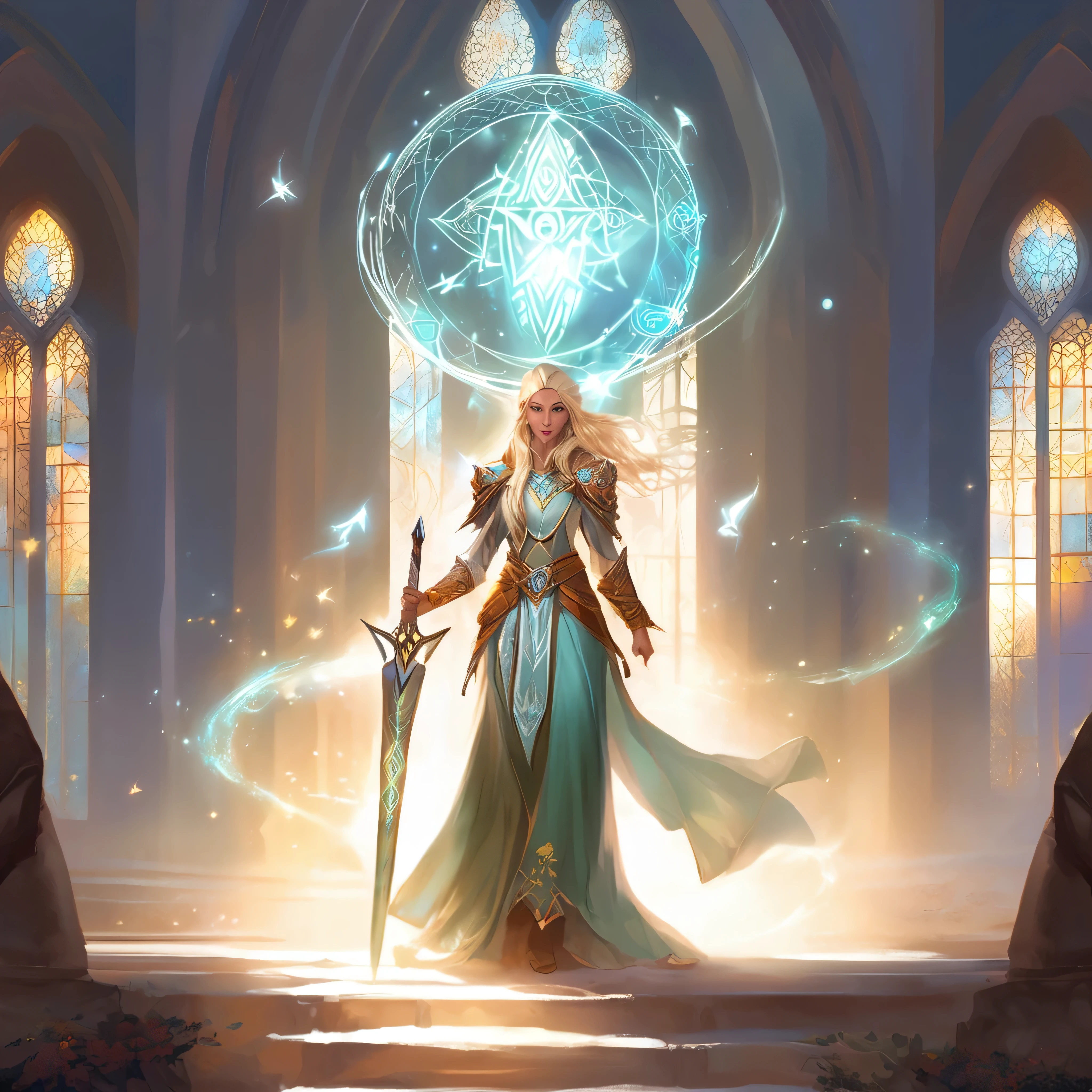 ethereal fantasy concept art of a brave elf dnd wizardess . magnificent, celestial, ethereal, painterly, epic, majestic, magical, fantasy art, cover art, dreamy, full body shot, staff in right hand, surrounded by runes of light, dynamic pose