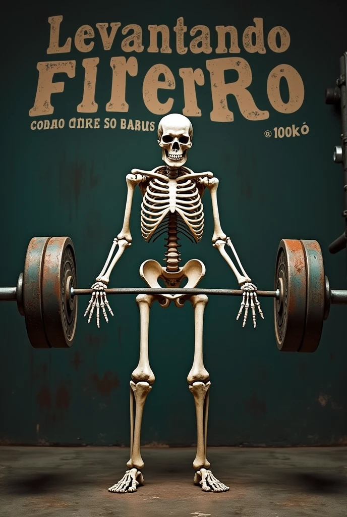 Create an image of a skeleton with a weight on top lifting 100Kg per side and with the text 'Levantando fierro por que culos ni uno' above it. 