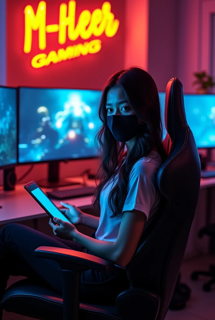 Create a digital illustration of a young woman sitting in a modern gaming setup. The woman has long, wavy dark hair and is wearing a black face mask. She is seated in a professional gaming chair, holding a tablet. The background features a dimly lit room with a neon sign that reads 'MP HEER GAMING' in glowing YELLOW text. Text must be clear in view , The room also has gaming monitors displaying a game, with LED lights adding a colorful glow to the scene. The overall atmosphere should be tech-savvy and cozy, with a straight pose looking at me , women must be highlighted and brighter than background , wide camera view ,4:4 ratio image size