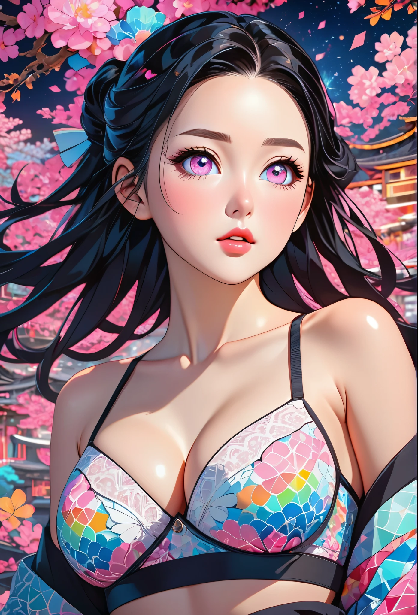 {Celestial hues, lofi, shiny aura, cute, black hair, ((pink eyes)), big pretty realistic eyes, ((Nezuko Komado)), (big breasts), (cleavage), sexy, submissive, highly detailed, holographic glowing motifs, geometric, perfect composition , beautiful, perfect eyes,  full lips, 96k, best quality, full shot ))) (masterpiece, top quality, best quality, official art, beautiful and aesthetic:1.2), (1girl:1.3), extremely detailed,(fractal art:1.1),(colorful:1.1),highest detailed,(zentangle:1.2), (dynamic pose), (abstract background:1.5), (gradient lingerie:1.2), (shiny skin), (gold metallic:1.4), arms behind back, 
