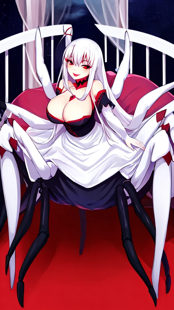 1girl, arachne spider, spider, suction cups, fused, full body, large breast, red eyes, white hair, long hair, evening gown red lips, smile, blush, happy face, bedroom,