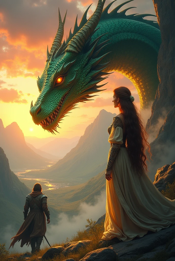 (photorealism:1.2), beautiful woman,  next to her beautiful dragon. in another image, a soldier facing a large dragon.
