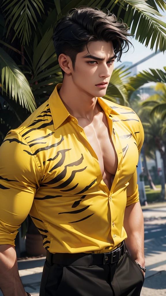 a muscular man, yellow Zebra print formal open shirt, folded collar, black banyan, short black hair, handsome detailed face, large breasts, sexy expression, looking directly at viewers, black pants, 