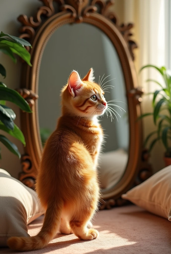 An adult orange kitten ,bem fortao ,full of muscles ,looking in the mirror