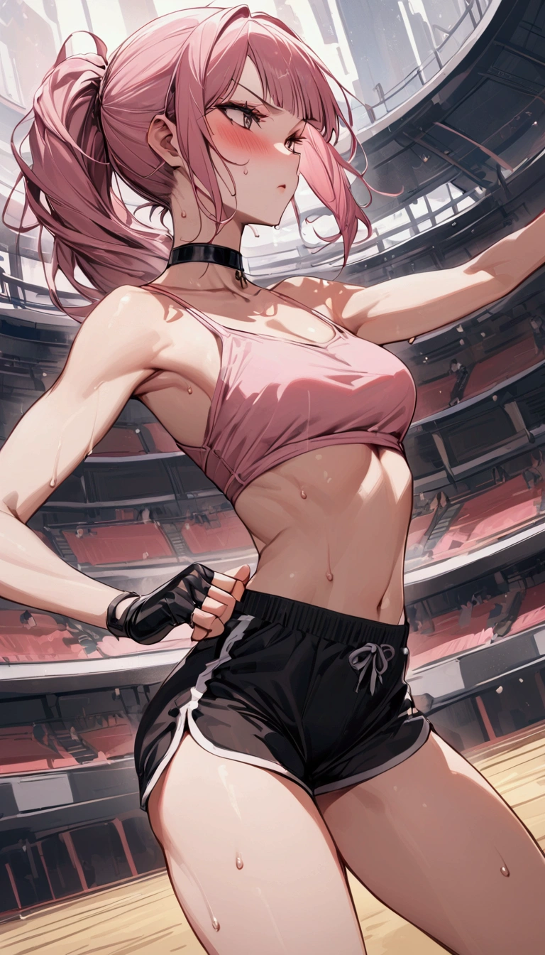 {{masterpiece}}, {{{Highest quality}}},{{Very detailed}}{{female martial artist}},{{Female fighters fighting in a martial arts match..}},{{during a match}},solo,1girl, {{Very slim legs:1.2}},slim body,{{}},{{}},Mature Women,Dynamic composition、Dutch Angle,from side,Focus on thighs,,v-shaped eyebrows.profound,Bad mood,blush,Sweat,{{clavicle:1.4}},{{}},,choker,,,,black fingerless gloves,dolphin shorts, pink hair,Pink camisole, long hair,ponytail Blunt bangs,high-cut sneakers,{{On the ring:1.4}},Small Arena