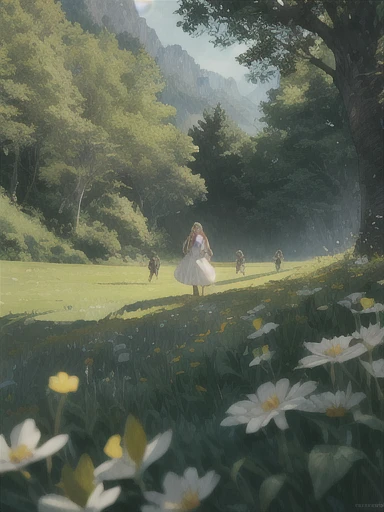 In a green meadow stands a girl leading a group of knights.
BREAK With a brave expression, she guides them towards their destiny.
BREAK Behind her, a green forest stretches and beyond, montanhas se erguem ao longe.
BREAK The most appropriate effect for this scene would be a watercolor painting technique to capture the softness of the meadow and the fluidity of movement.