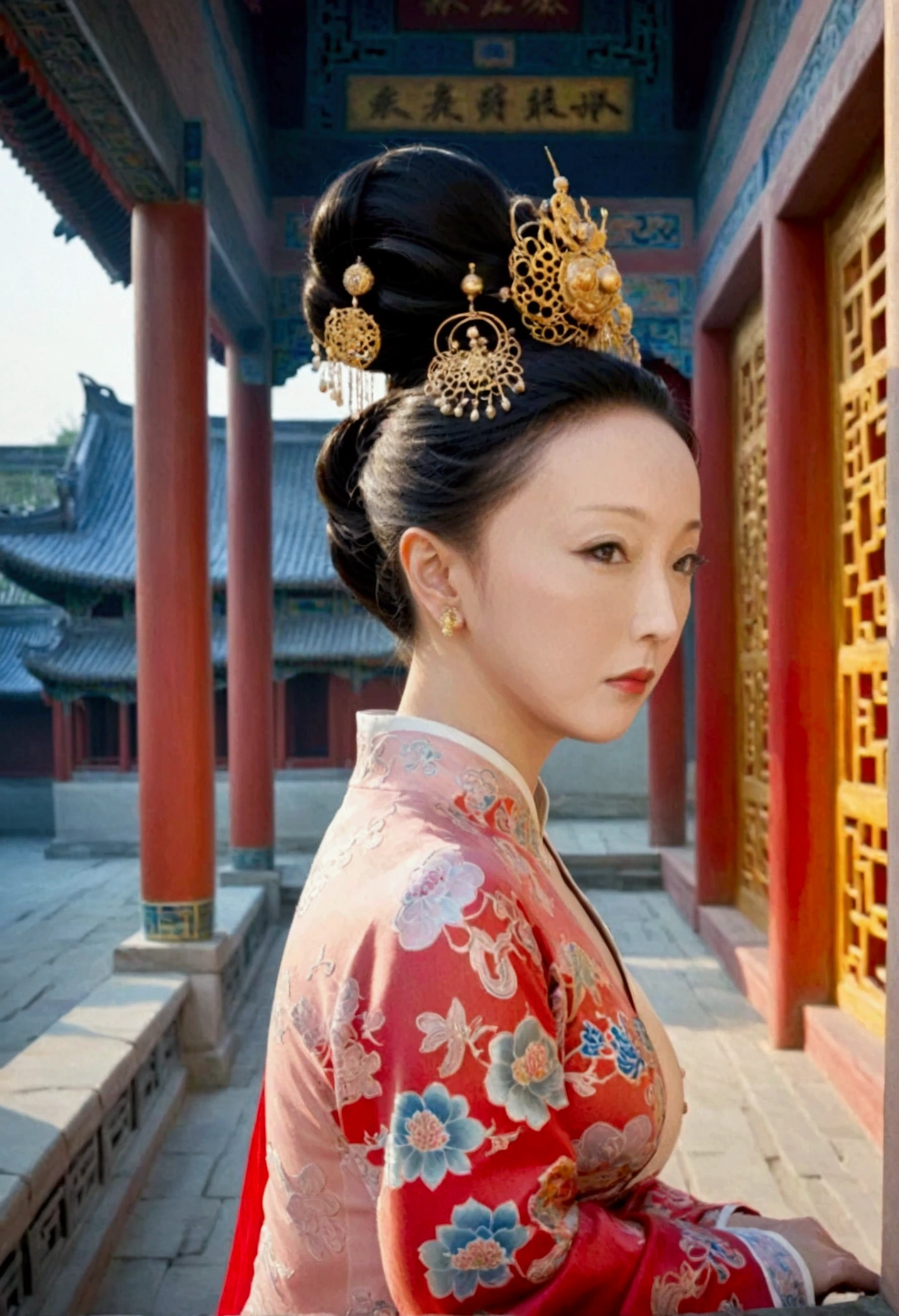 Qing dynasty empress naked and slightly busty, posing on all fours, buttocks protruding from profile, background outside Qing dynasty palace