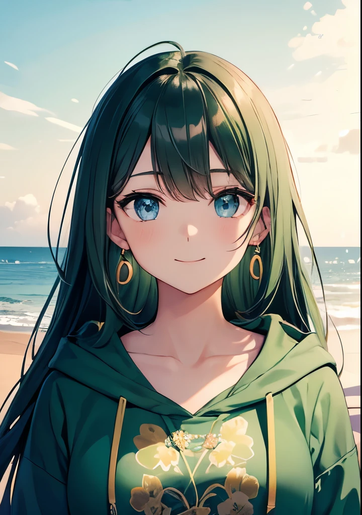 Voluminous dark green hair, front view, upper body visible, dark dark green hair colour emphasis, long straight hair, large droopy eyes, blue eyes, kind young pretty face, kind droopy eyes, wearing green hoodie, hoodie pattern is numbers, sign in background with GO and 5 written on it, shy, smiling without opening her mouth, gold earrings in the shape of the number 5, gold hair clip, sparkling eyes, walking on beach, focus on face, fresh smile, green floral patterned hoodie, in dark room, high quality, gold number 5 earrings, droopy eyes, blue eyes, close-up of face, Small breasts, Both hands, Shadowless background, High quality, Focus on the face.